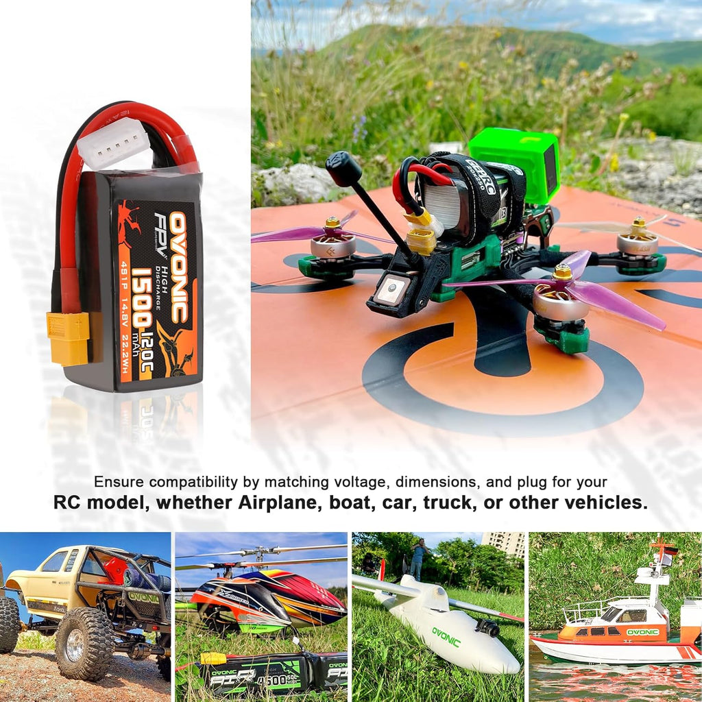 OVONIC 14.8V 120C 1500mAh 4S Lipo Battery Battery with XT60 Plug for FPV Drone Quadcopter Helicopter Airplane RC Boat RC Car RC Models(2 Pack)