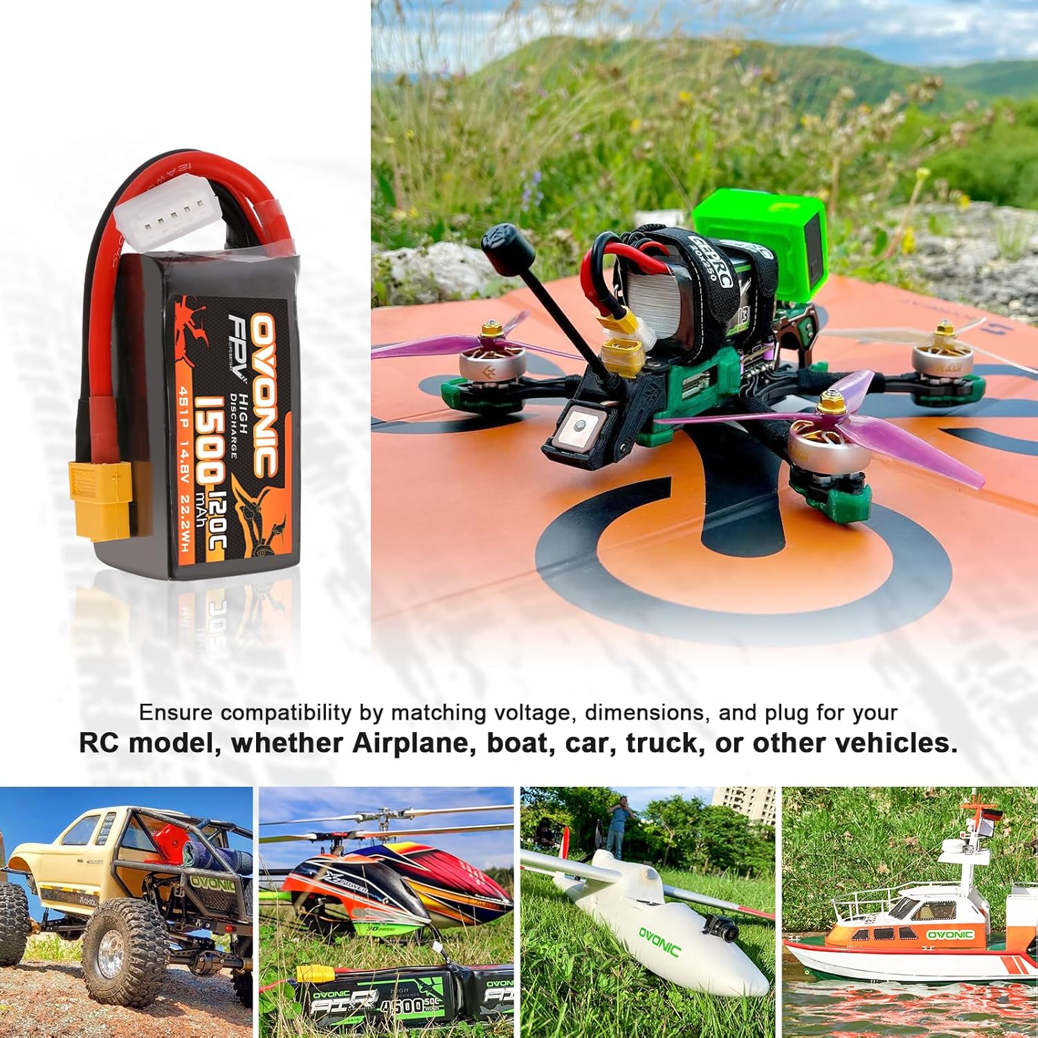 OVONIC 14.8V 120C 1500mAh 4S Lipo Battery Battery with XT60 Plug for FPV Drone Quadcopter Helicopter Airplane RC Boat RC Car RC Models(2 Pack)