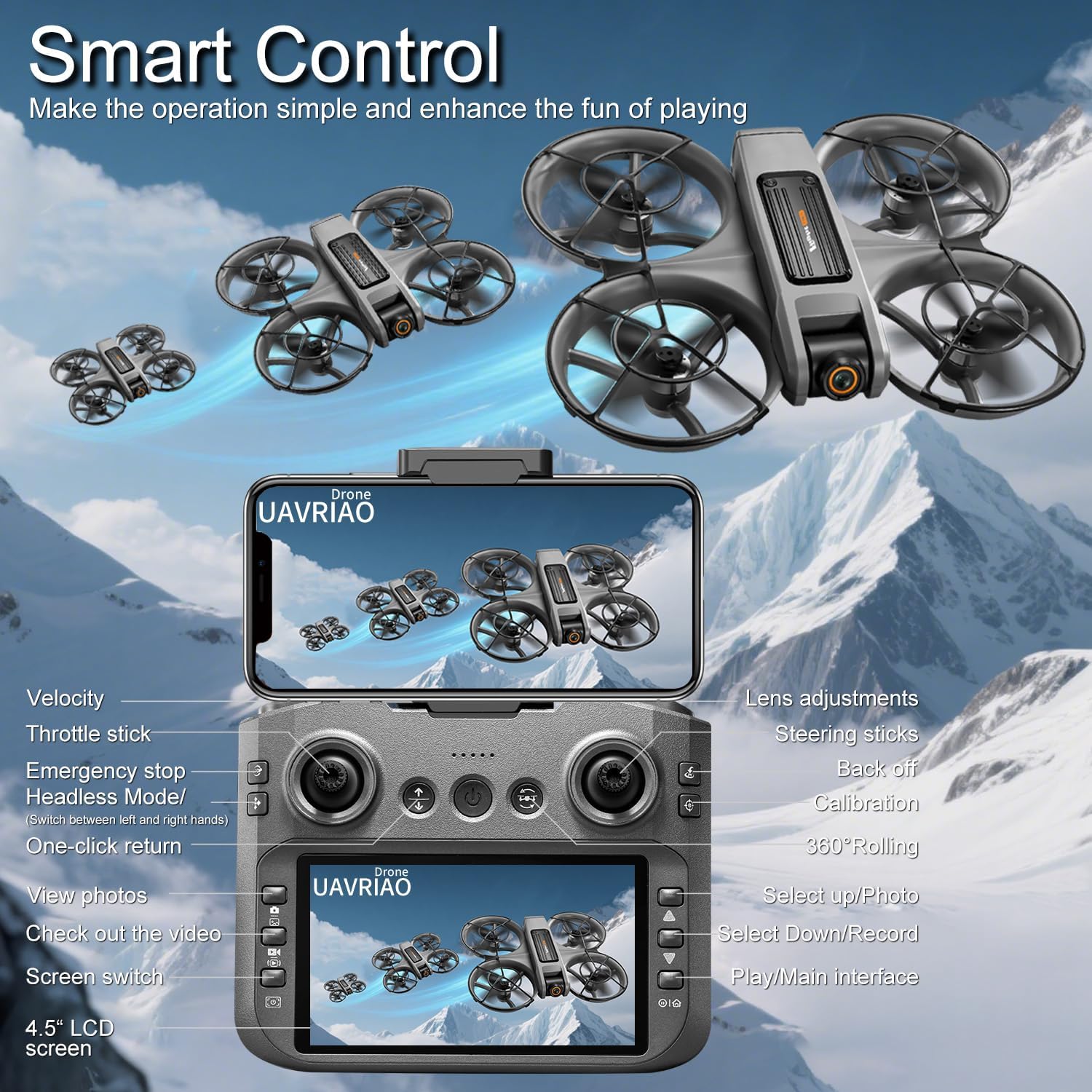 4.5 HD Screen Remote Control Drone with 2K Dual Camera & Brushless Motors, 360¡ã Protection Safety Quadcopter, Auto Hovering, 3D Flips, Headless Mode, Follow Me, LED Light, WiFi FPV, 2 Batteries 30 Min Flight, Great Gift for Adults, Kids, Beginners