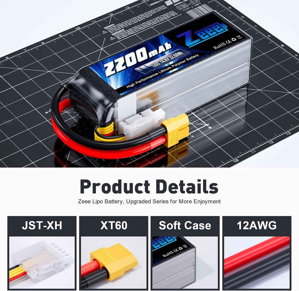 Zeee 4S Lipo Battery 2200mAh 14.8V 120C with XT60 Plug RC Graphene Battery for RC Models RC Boat FPV Drone Quadcopter Helicopter Airplane RC Car(2 Pack)
