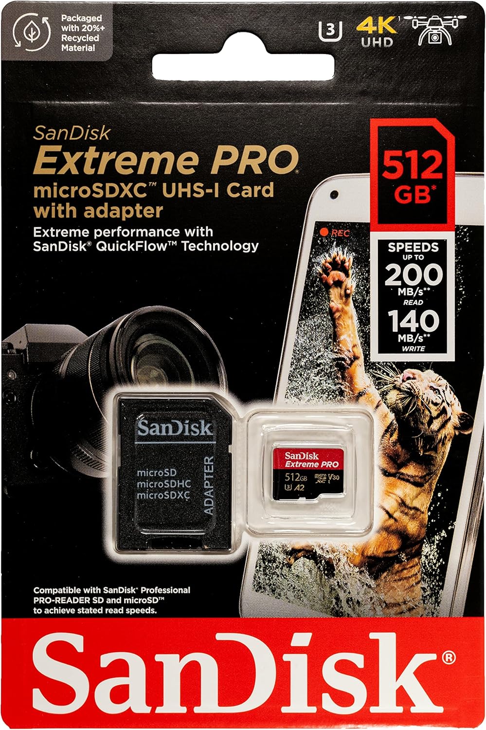 SanDisk 512GB MicroSDXC Card Extreme Pro Compatible with DJI Avata 2, Mini 4K Drones (SDSQXCD-512G-GN6MA) with Read Speed up to 200 MB/s Bundle with 1 Everything But Stromboli MicroSD Card Reader