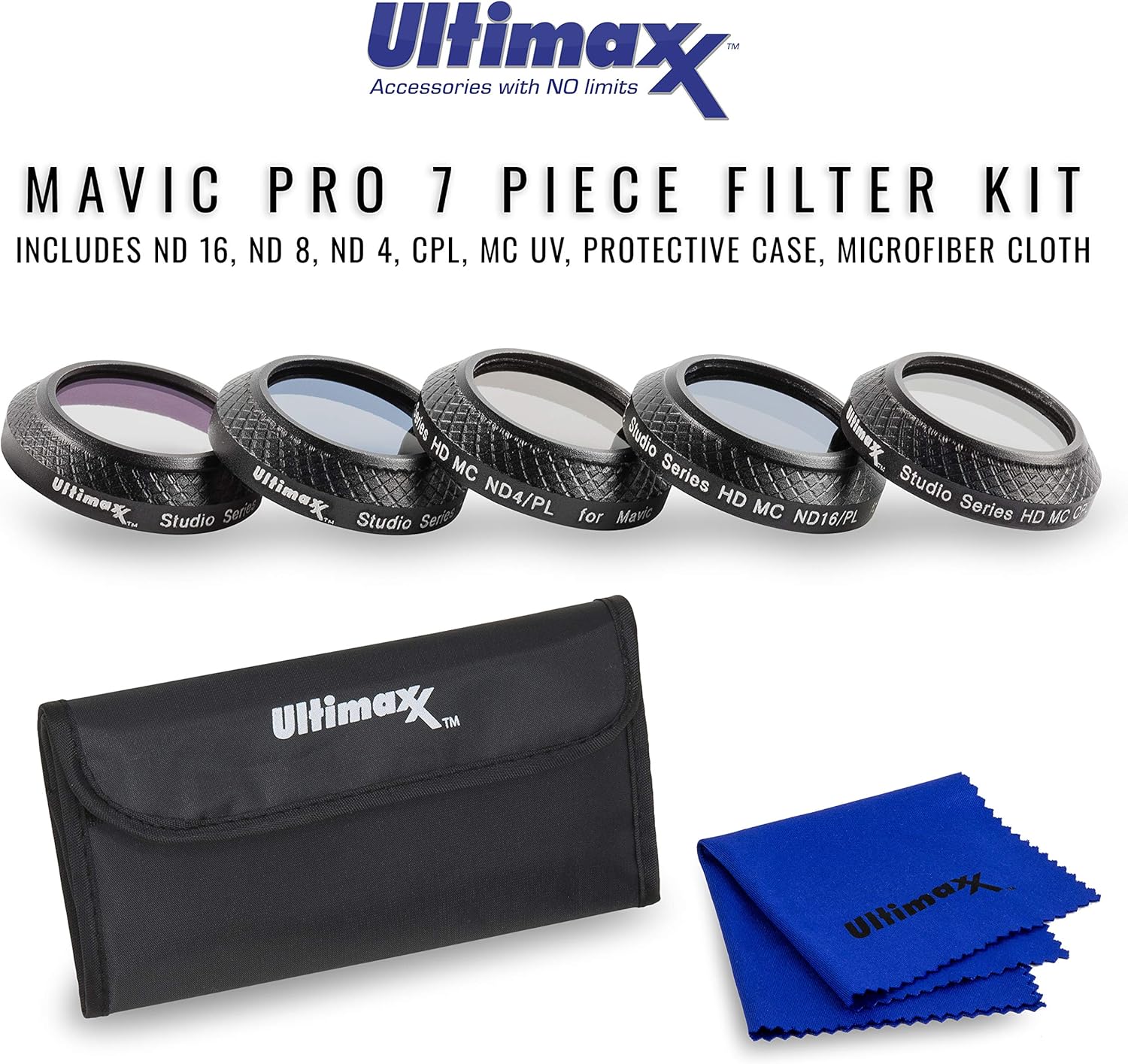 Ultimaxx 7 Piece Drone Camera Filter Bundle Kit for DJI Phantom 4, Phantom 4 w/Filters, Lens Hood, Gimbal Stabilizer, Carry Case