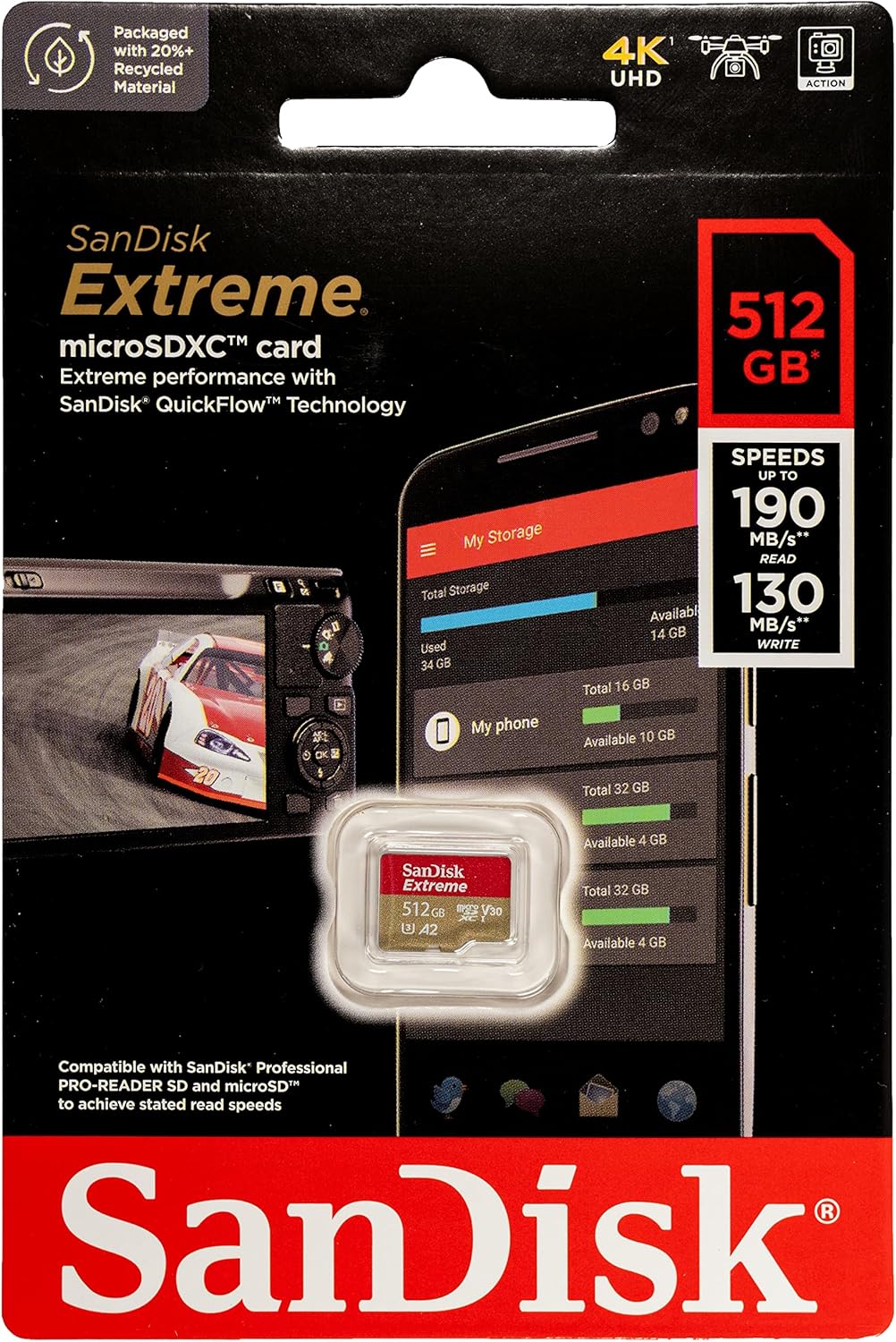 SanDisk 512GB Memory Card Micro SDXC Extreme Works with DJI Drone Series Mini 4 Pro (SDSQXAV-512G-GN6MN) V30 A2 4K UHD UHS-I Bundle with (1) Everything But Stromboli MicroSD Card Reader