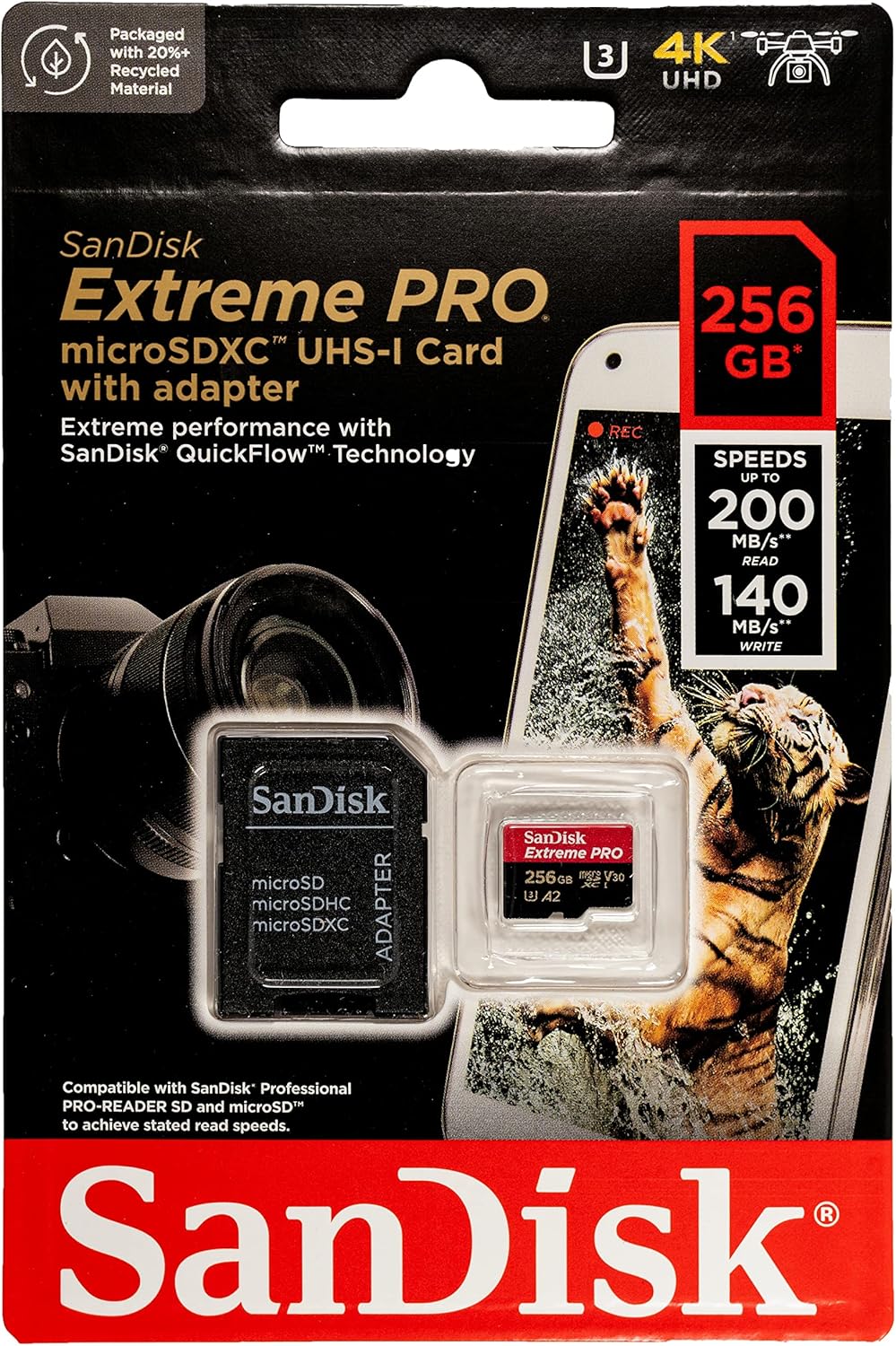 SanDisk 256GB Extreme Pro MicroSDXC Card Compatible with DJI Avata 2, Mini 4K Drones (SDSQXCD-256G-GN6MA) with Read Speed up to 200 MB/s Bundle with 1 Everything But Stromboli MicroSD Card Reader