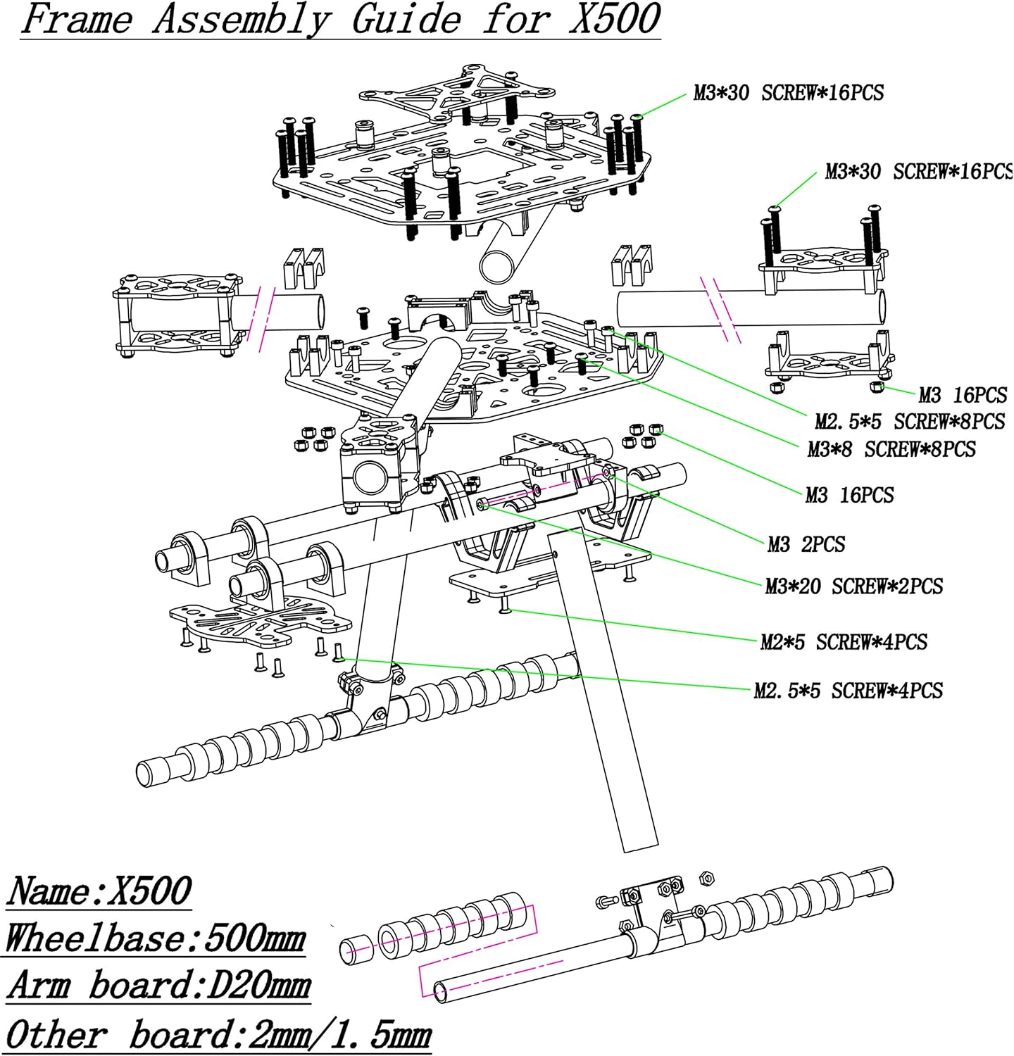 500-X4 500mm Carbon Fiber Center Plate Quadcopter Frame Kit Upgrade S500 SK500 F450 with Fixed Landing Gear
